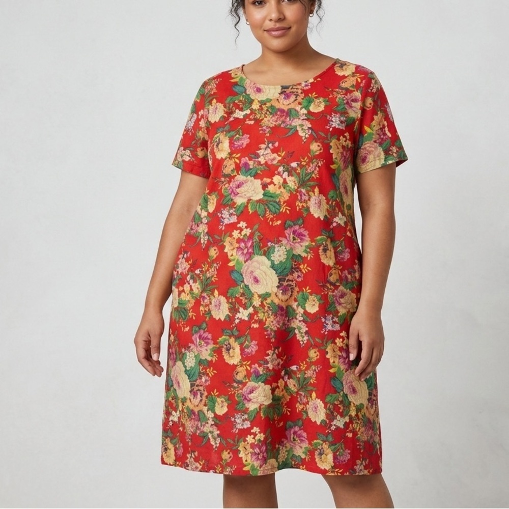 Gracila Floral Midi Dress 3XL Red Cotton Short Sleeve Plus Size Casual